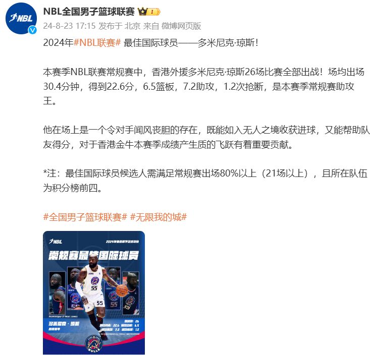 🌟NBL官方宣布常规赛最佳国际球员:多米尼克-琼斯
